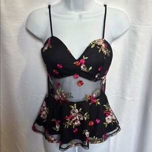 Charlotte Russe Black Floral Embroidered Sheer Peplum Cami